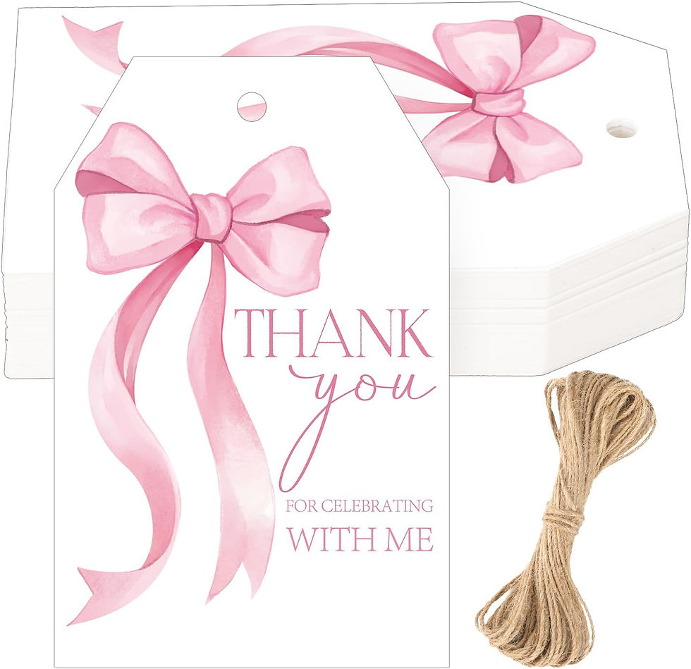 White cardstock thank-you tags with pink bow design and included string, used for coquette-themed 1st birthday favor packaging.