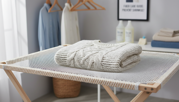 Eye-level view of a wool sweater laid flat on a drying rack