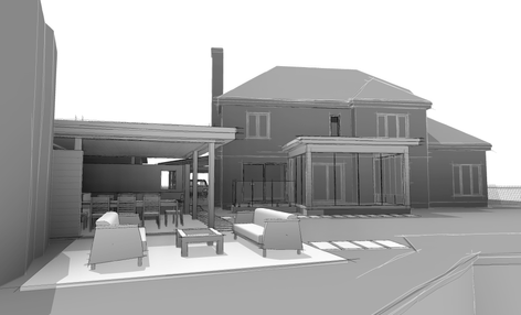 erspective 3D montrant la maison avec une terrasse, mobilier extérieur et une toiture couvrant le coin repas.