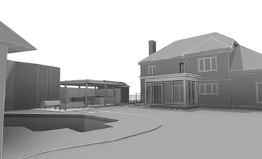 Vue large de la cour arrière incluant piscine, salon extérieur et volumes proposés de la maison.