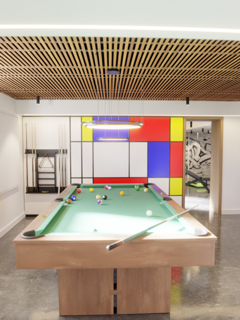 Salle de billard avec mur graphique façon Mondrian, rangement mural pour queues de billard et plafond en bois à éclairage suspendu.