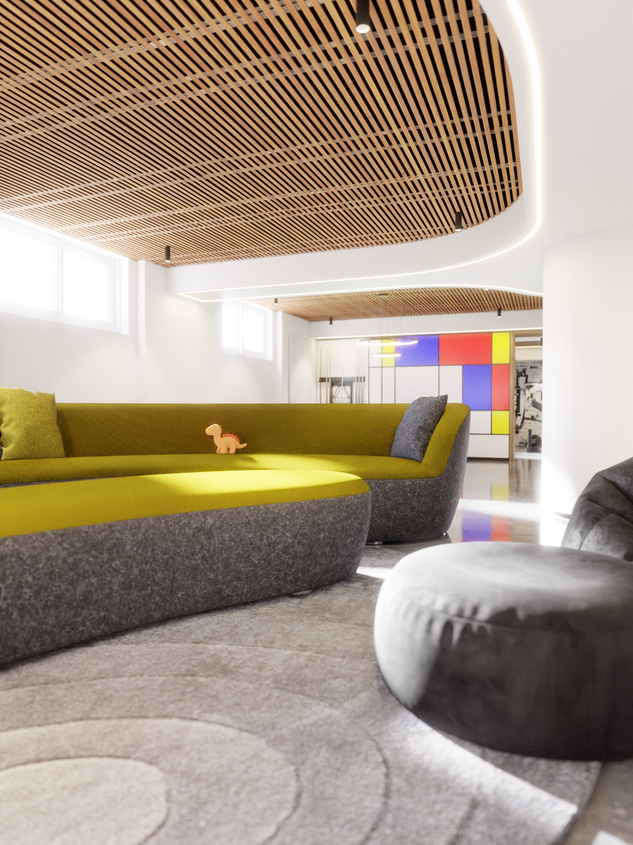 Canapé en arc vert et gris dans un salon ouvert, avec plafond en lattes de bois et mur coloré en arrière-plan.