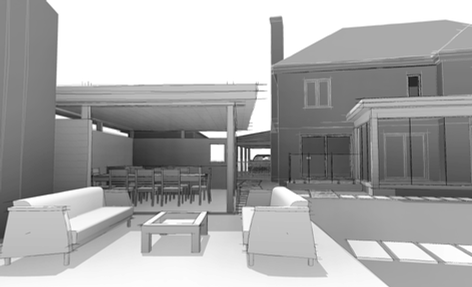 Vue 3D centrée sur l’espace lounge et le coin repas extérieur sous toiture avec accès à la maison.
