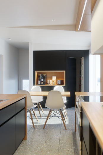 Visualisation 3D Blender d’un coin repas intégré à une cuisine contemporaine avec garde-manger dissimulé et mobilier noir et bois.