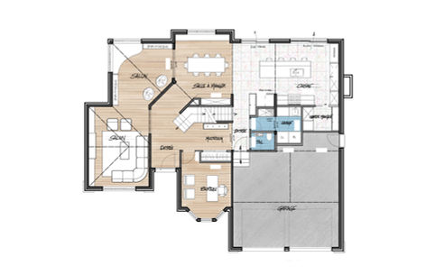 Plan architectural du rez-de-chaussée illustrant l’aménagement intérieur proposé avec double salon, salle à manger, cuisine et accès direct au garage.