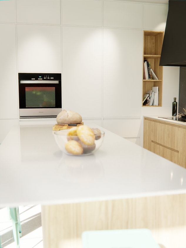 Rendu 3D de l’îlot central dans une cuisine contemporaine avec surfaces bois clair et blanches.