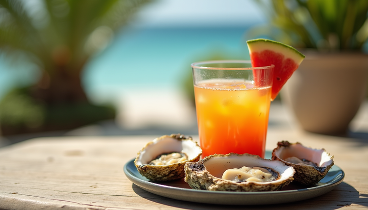 Tropical cocktail and a plate of oysters at Palm Valley Outdoors