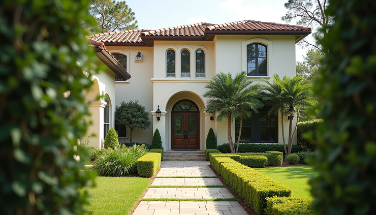 Close-up view of a Mediterranean-style home with lush garden in Jacksonville