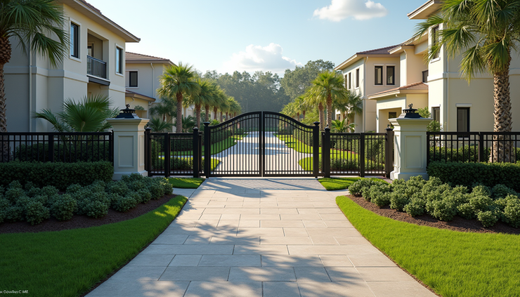 High angle view of a modern gated community with lush landscaping in Jacksonville
