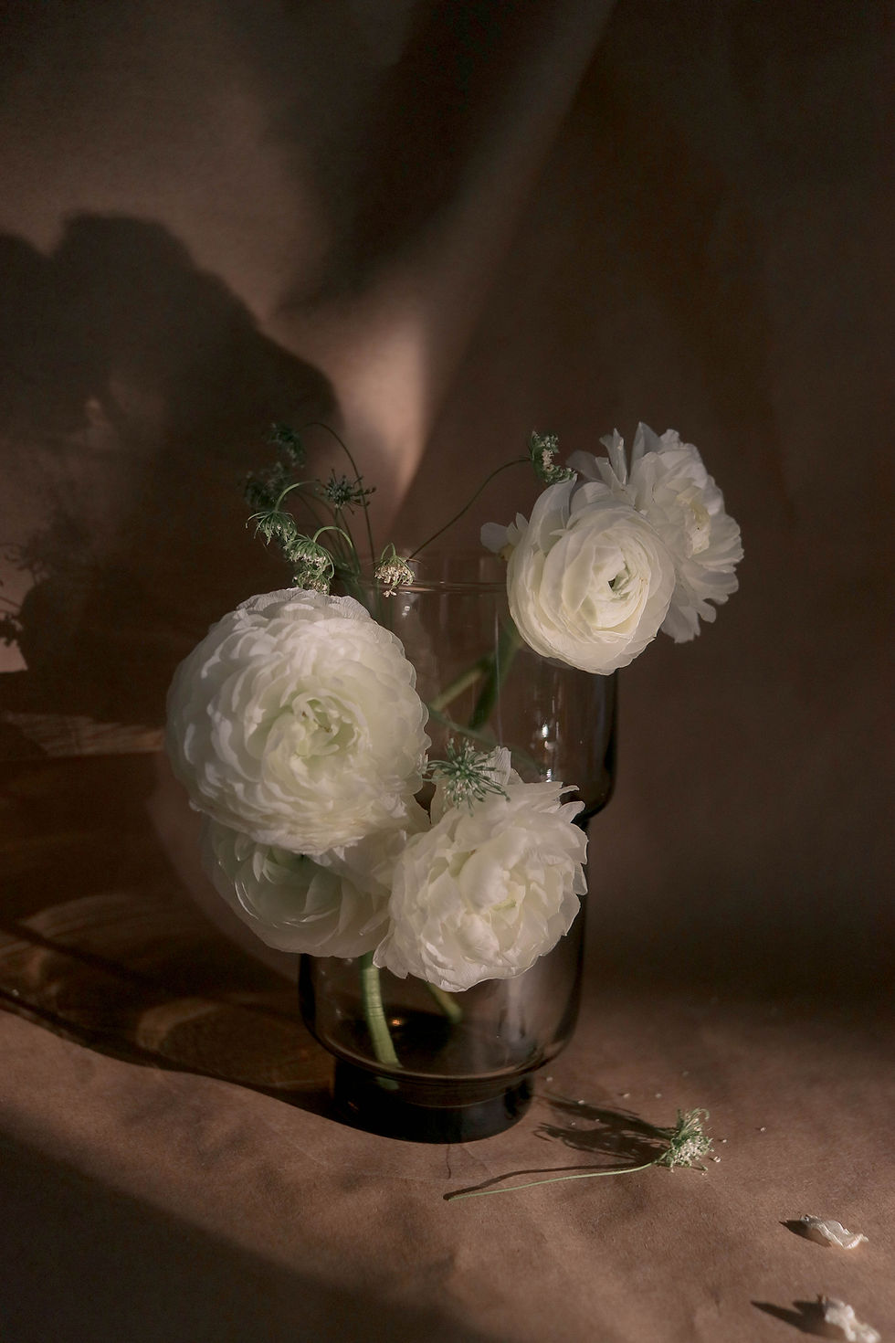 Vase filled with soft white flowers (including my favorte-the ranunculus). There is a play of shadow and light in the image.