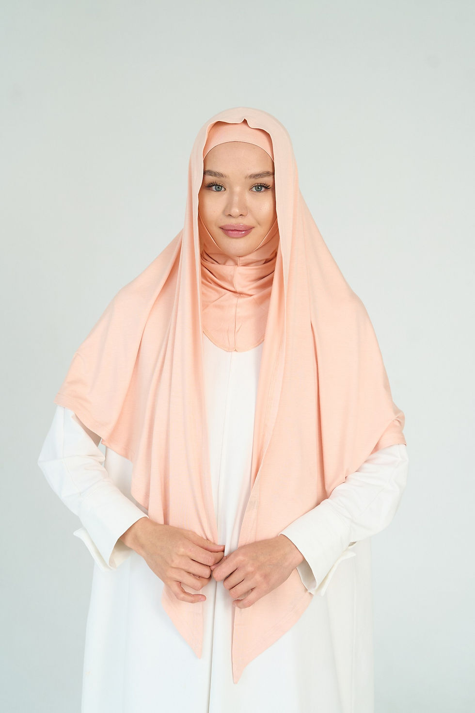 الصورة المصغرة: Şeftali Büyük Üçgen Şal- Bağcıklı Ümre Bone  Takım 