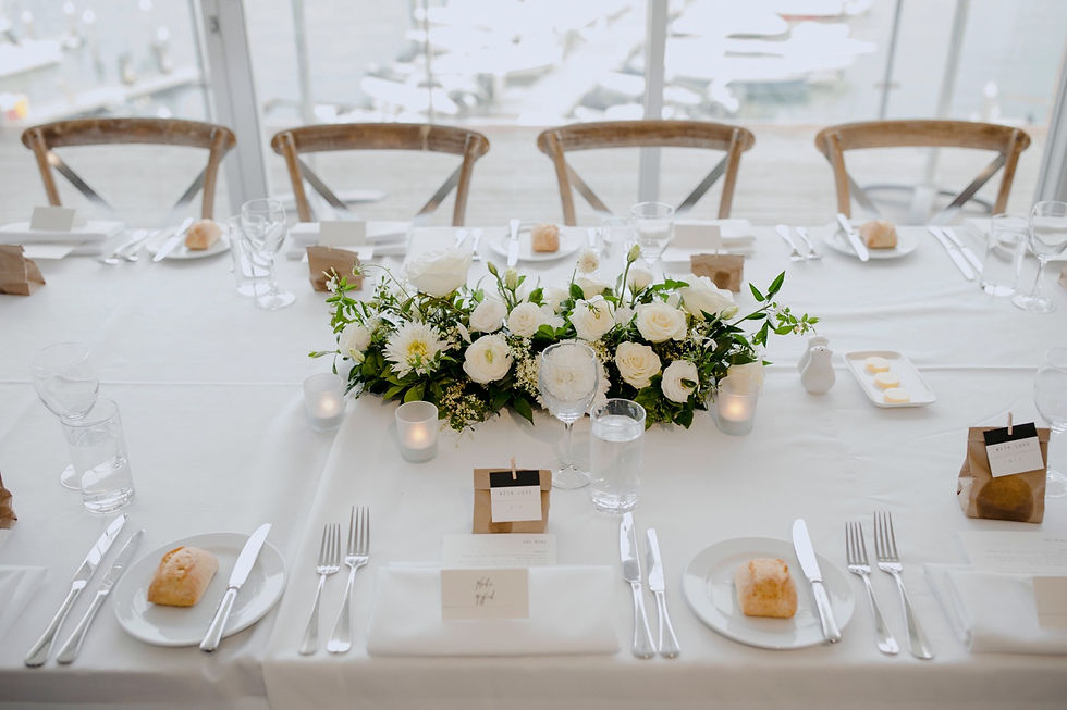 low floral wedding centrepiece in white seasonal flowers