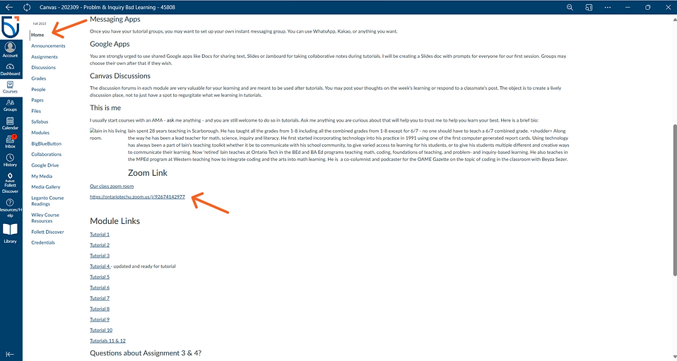Canvas Home page with large arrow pointed at Home and Zoom link. Showing which section is being shown and where to click to get into Zoom.