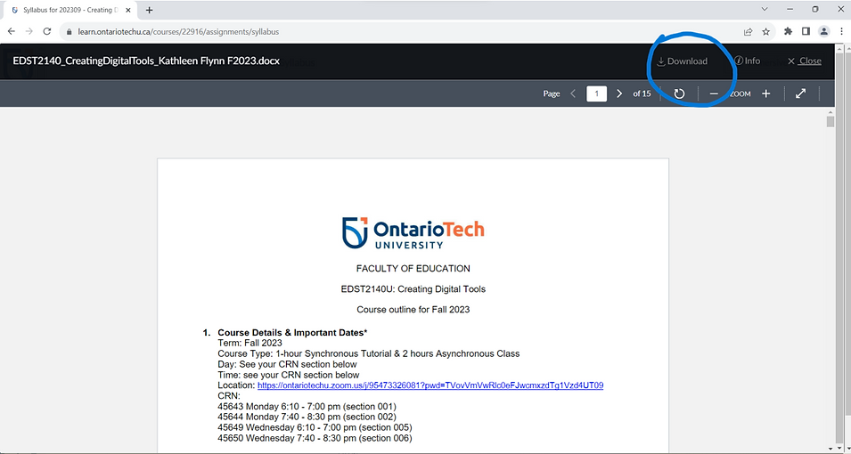 Capture the essence of a syllabus adorned with the Ontario Tech University blue and orange insignia, featuring a distinguished blue circle enveloping the word "download" in the top right corner of the screen.