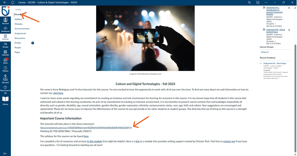 A person holding up their phone recording a person playing the guitar on stage. Home page for Culture & Digital Technologies. Large orange arrow pointing at Home page and zoom link to show where to access information.