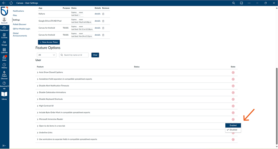 Account Settings page expanded with Feature Options to explore: Microsoft Immersive Reader option has large orange arrow pointing the option of enabling the option.