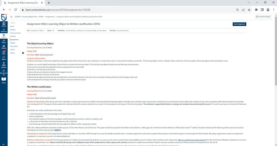 Captivating Canvas Dashboard on a White Background with a Navy Blue Canvas Toolbar positioned to the left. Dive into the Assignments tab, where an exemplary assignment showcases black text and captivating orange subtitles.