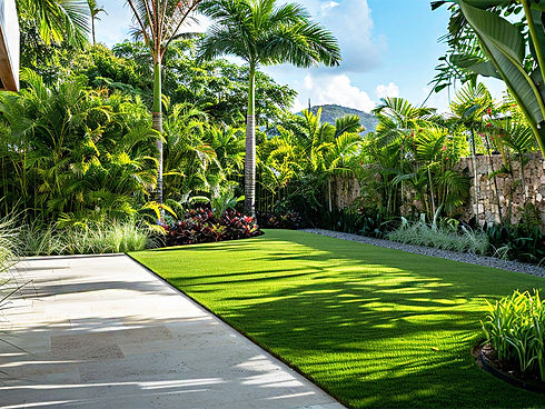 Patio con césped artificial Grasspro Biscayne en residencia privada en Bonao, Monseñor Nouel