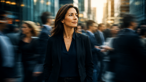 Business woman feeling grateful walking among a crowd of people