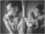 Black-and-white family portrait: father kisses sleeping newborn; mother smiles holding baby, with dad beside them, dramatic window light