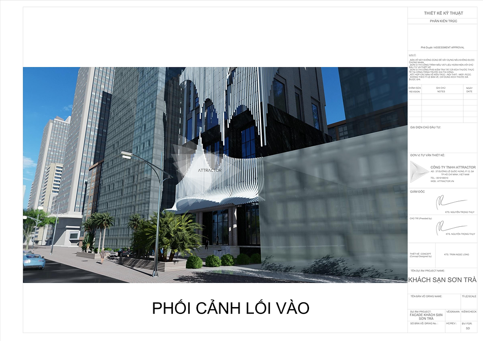 Phối cảnh lối vào sảnh đón Khách sạn Sơn Trà nổi bật với mái hiên canopy uốn lượn từ hệ lam trắng và khối đế ốp đá tối màu.