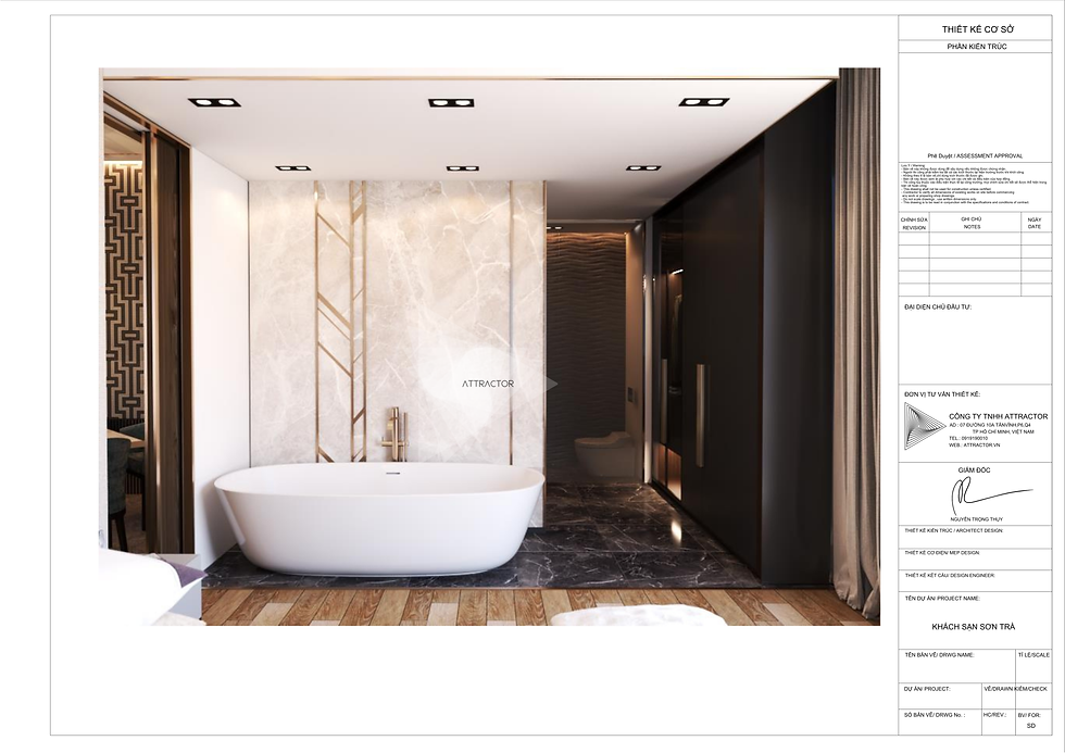  Thiết kế phòng tắm mở cao cấp với bồn tắm điêu khắc nguyên khối màu trắng tương phản với hệ tủ kệ màu tối.
