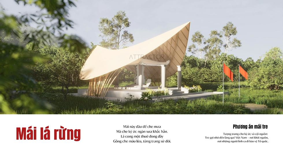 Thiết kế phương án Mái tre tại Bia tưởng niệm Quảng Đà, mang hình dáng chiếc lá rừng mộc mạc che chở cho những ký ức thiêng liêng.
