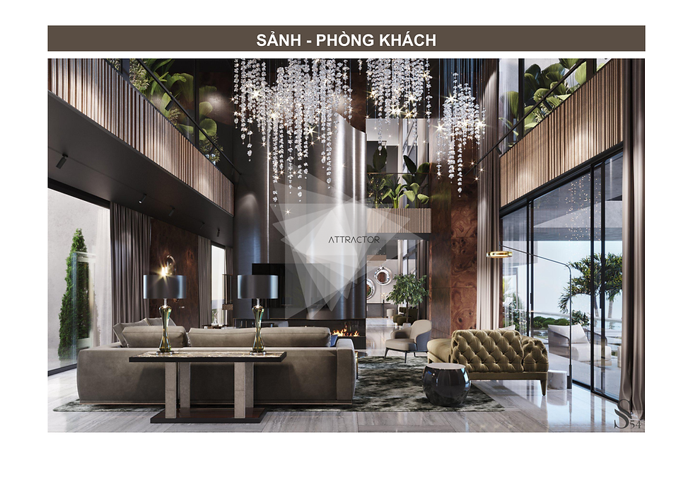 Sảnh và phòng khách thông tầng dự án Mahattan Ha Long nổi bật với cơn mưa đèn chùm pha lê mang phong cách Dark Luxury.