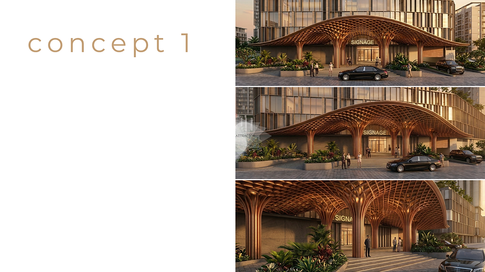 Phương án mái sảnh Concept 1 với nếp gấp kim loại uốn mềm, phản chiếu kiến trúc xuống mặt hồ tạo cảm giác công trình đang chuyển động.