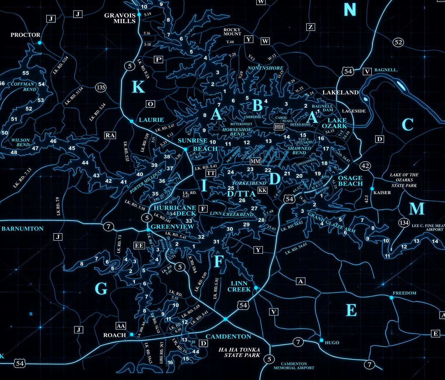 Lake of the Ozarks reference map showing MLS area letters, towns, lake arms, and mile markers