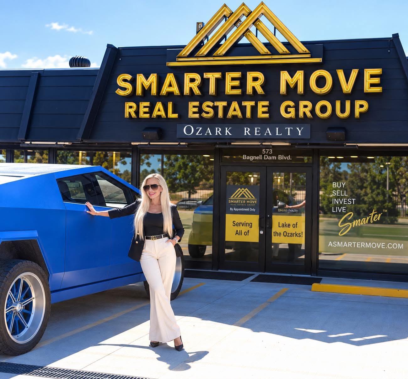 Holly Garst with her blue Cybertruck outside Smarter Move Real Estate Group