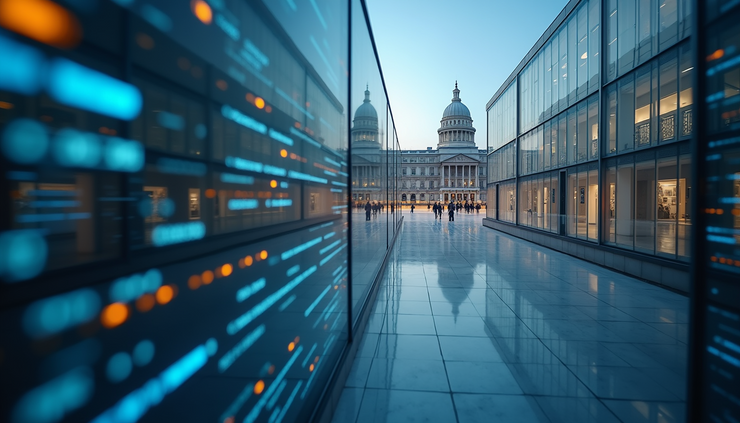 Eye-level view of a government building with a digital network overlay