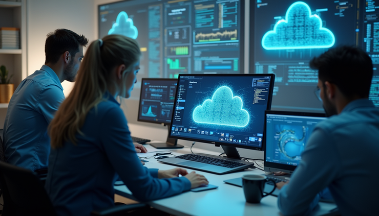 High angle view of a government IT team collaborating on cloud migration strategy