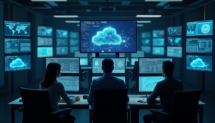 High angle view of a cloud security operations center with multiple screens showing threat analytics