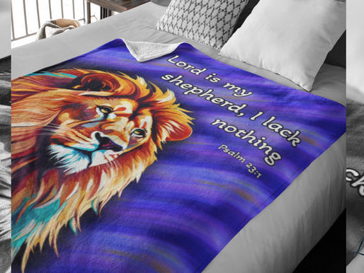 Psalm 23 devotional, blanket with lion print