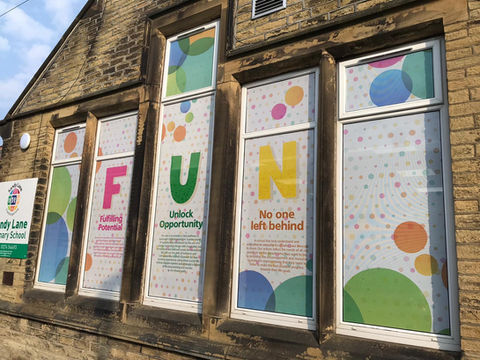 Values window graphics for schools, colleges and universities. Colourful bubbles and text explaining school values.