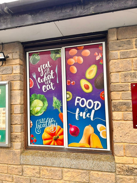 Healthy eating window graphics for schools, colleges and universities. Images of healthy foods surrounding different quotes about healthy eating.