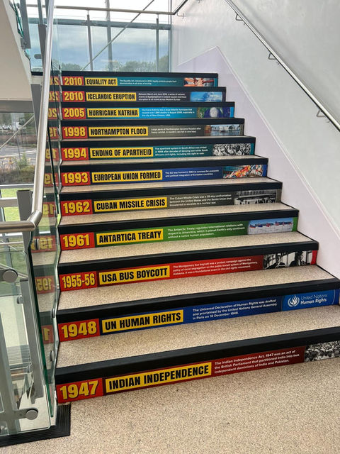 Stair treads designed to present historical dates and events.