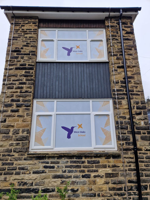Values window graphics for schools, colleges and universities. School logo and colours.