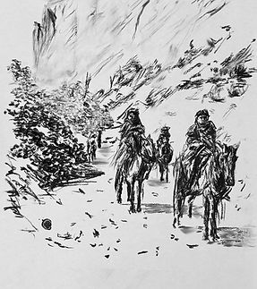 Navajo group on horses, Native Americans riding horses through a southwest desert canyon.
