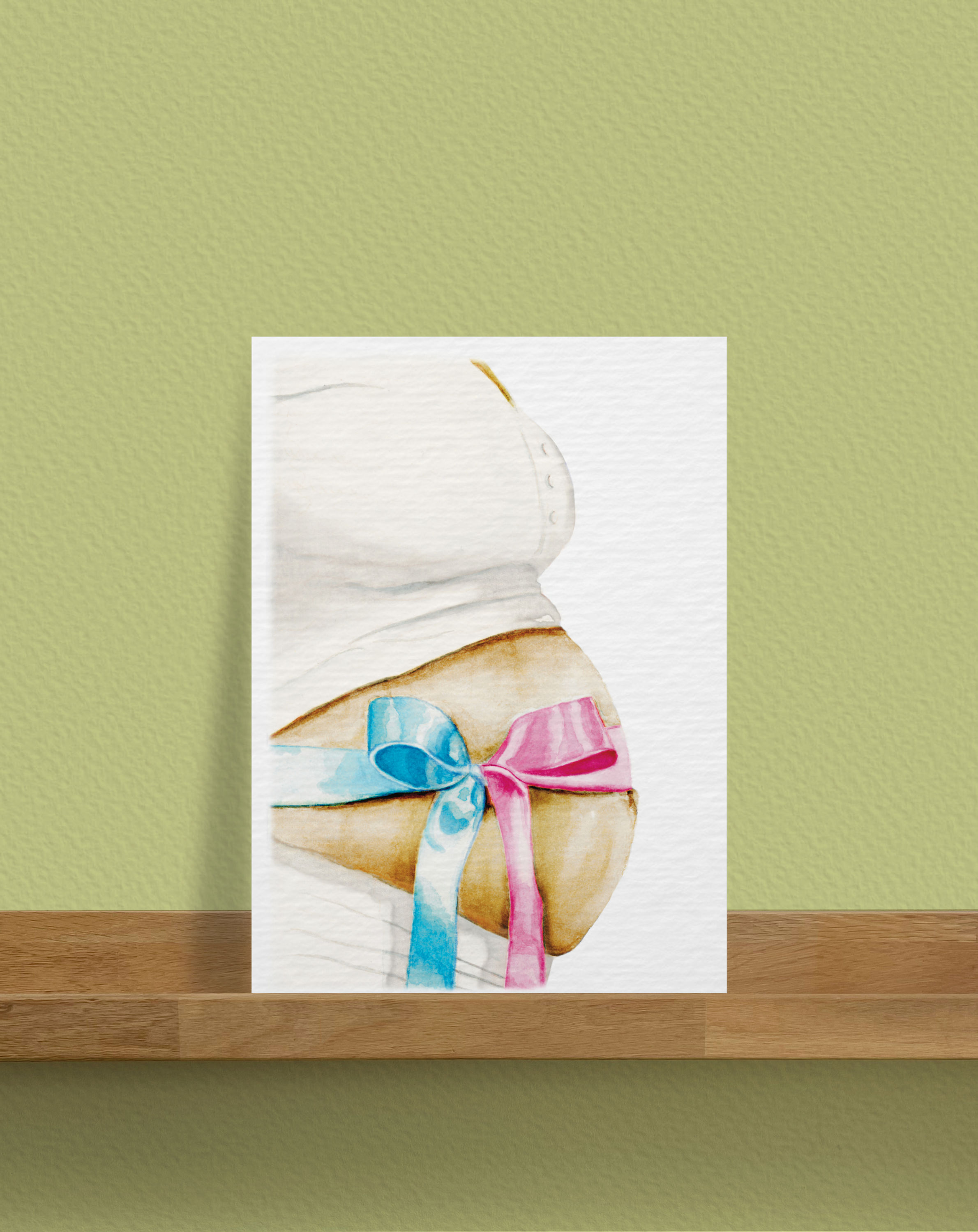 Ansichtkaart zwangerschap. Gemaakt van waterverf. Zwarte buik en in verwachting van een jongen of meisje.