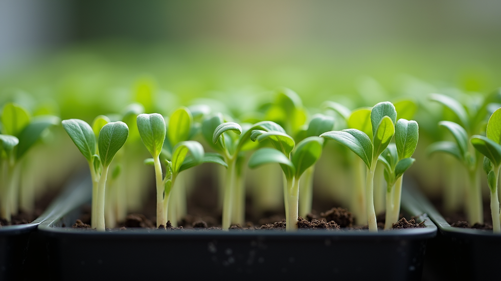 Eye-level view of small green sprouts growing in seed trays
