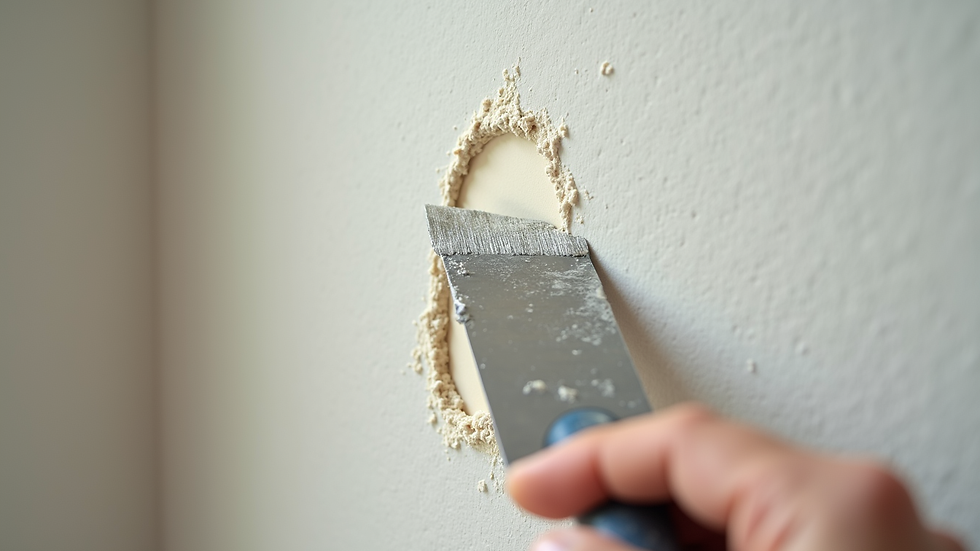 Close-up view of a small drywall hole being patched with putty knife