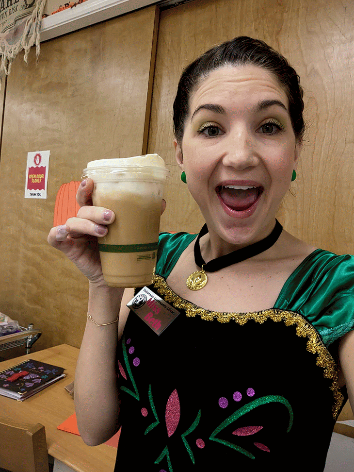 Moving gift of Miss Beth making silly faces as she is dressed as a Frozen Princess enjoying a frozen coffee.
