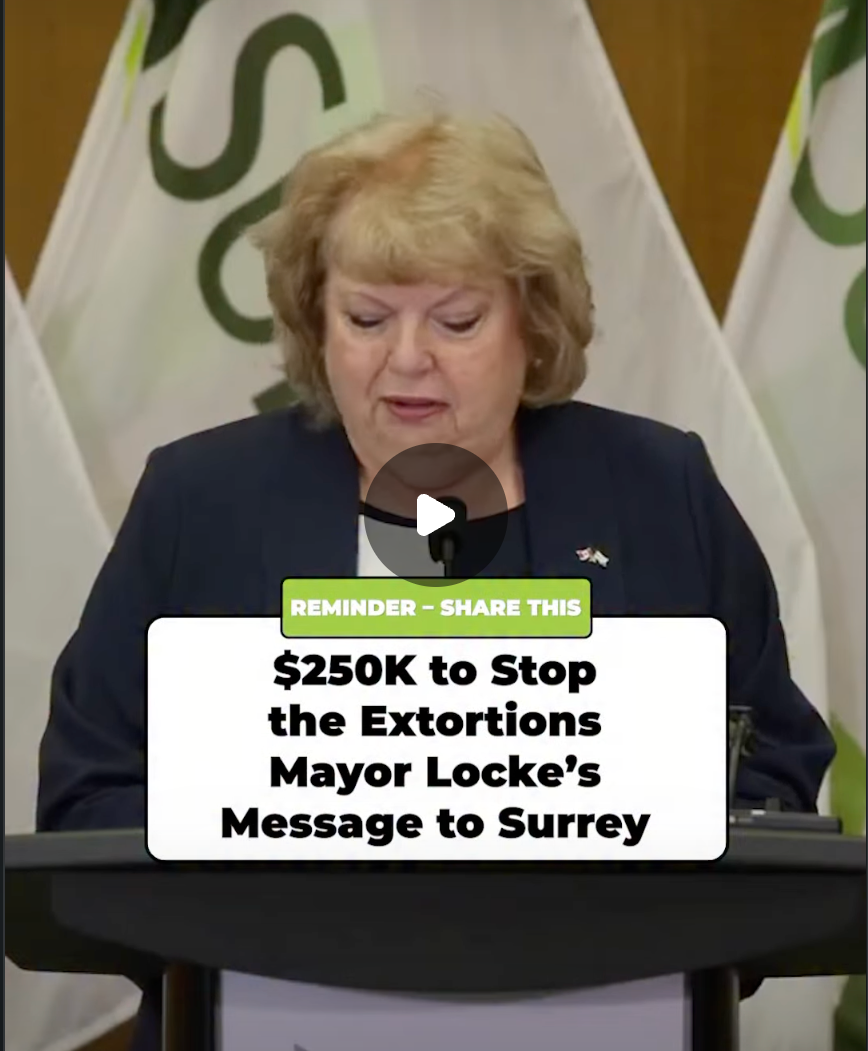 Mayor Brenda Locke addressing Surrey residents about the $250K reward fund to stop extortion in the community