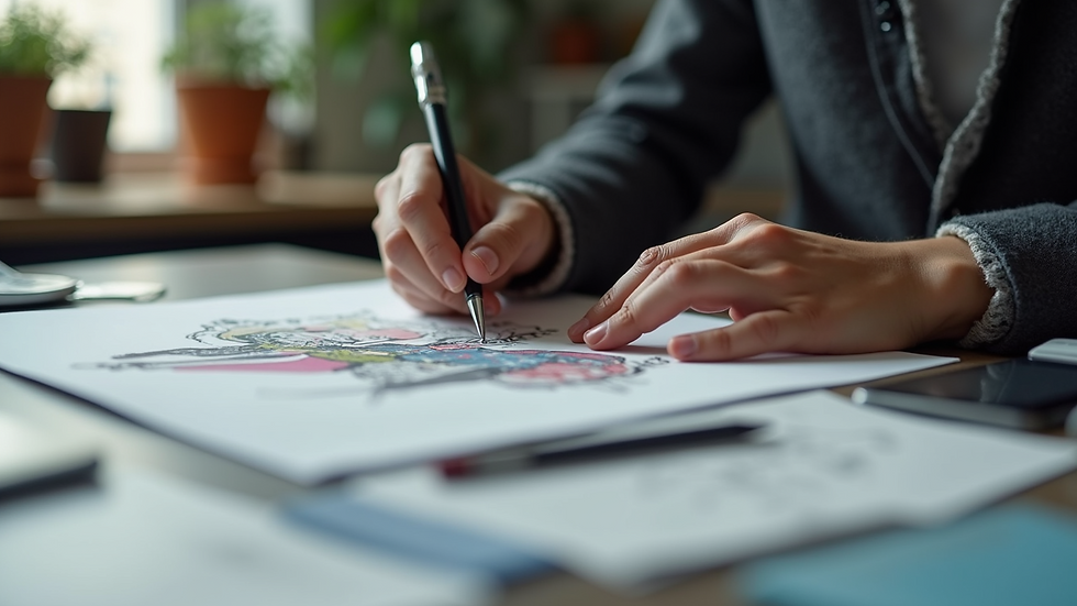 Eye-level view of a designer working on a digital fashion design on a laptop