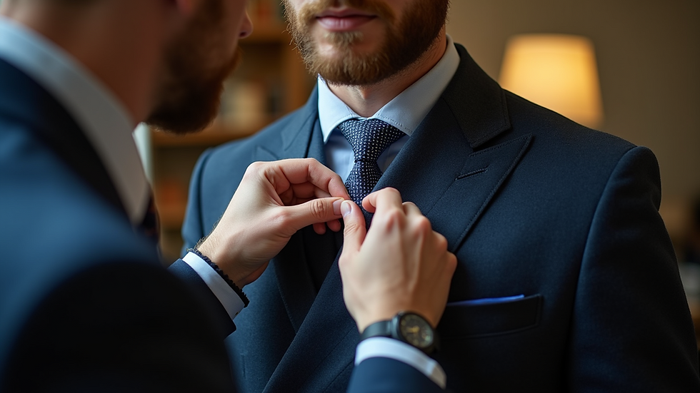 Eye-level view of a tailor fitting a bespoke jacket on a client