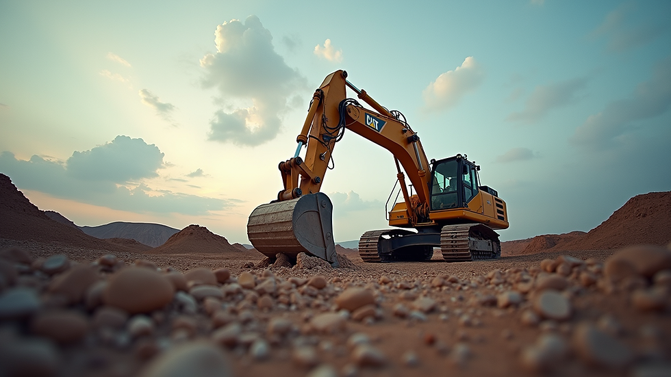 Eye-level view of a large excavator parked at a construction site