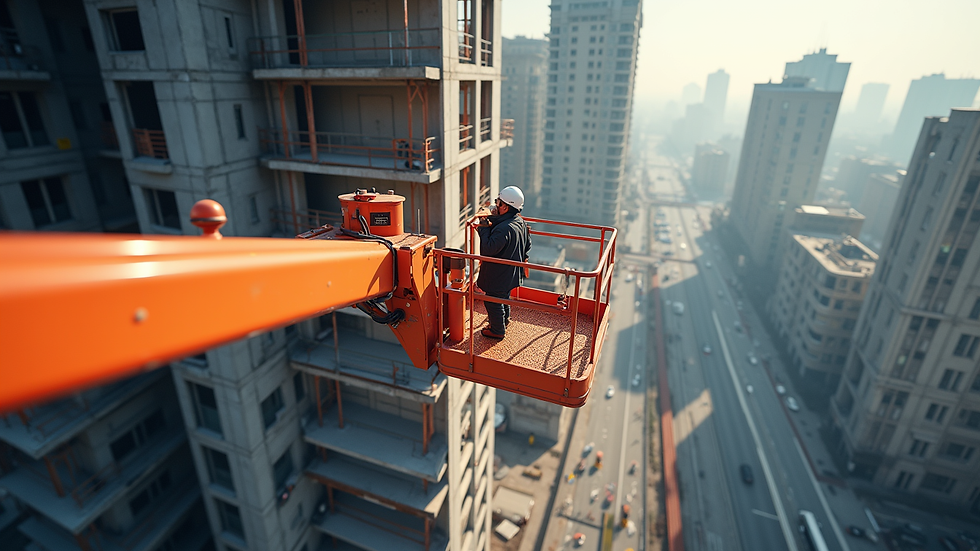 High angle view of a boom lift with safety rails on a commercial building site
