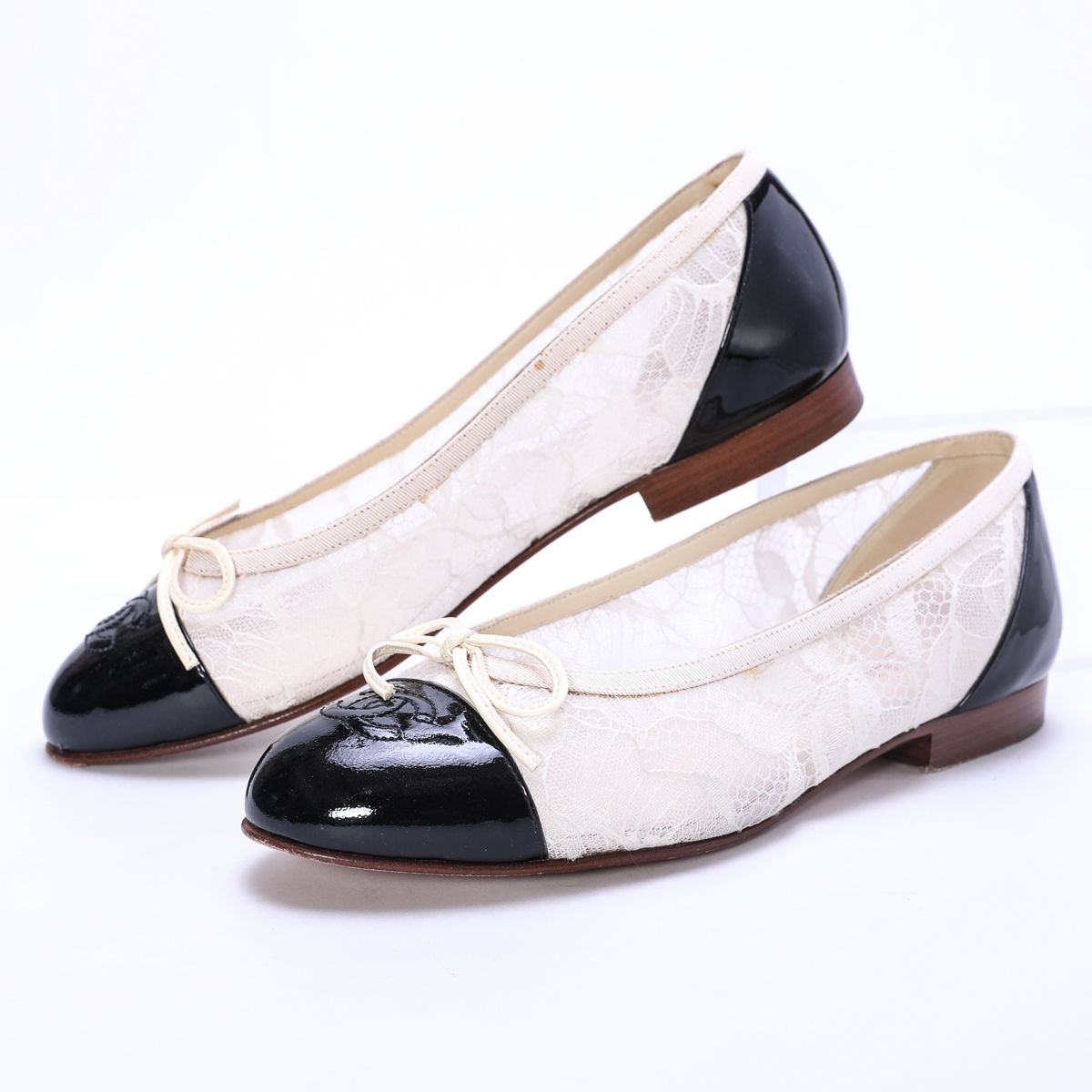 シャネル レース×パテントレザー フラットシューズ ブラック 黒×ベージュ サイズ36.5 G29761 CHANEL